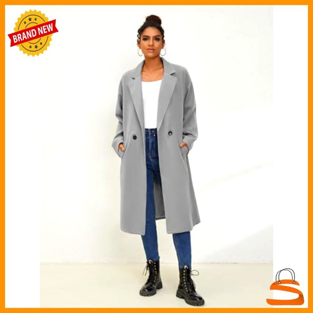 Oversized Wool Blend Trench Coat Double Breasted Long Winter Elegant Chic - Picture 3 of 7